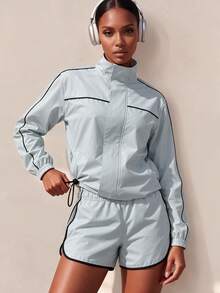 Zivah Women's Colorblock Long Sleeve Top And Shorts Casual Daily Sportswear Set - Blue - View 7