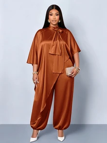 SOLERSUN Plus Size Elegant Asymmetrical Hem Top And Loose Satin Long Pants 2 Pieces Set Formal Party Olive Green Fall - Rust Brown - View 4
