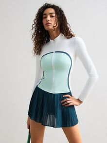 VARSIVA Women's Zipper Long Sleeve Top And Pleated Skort Sports Set - Multicolor - View 6