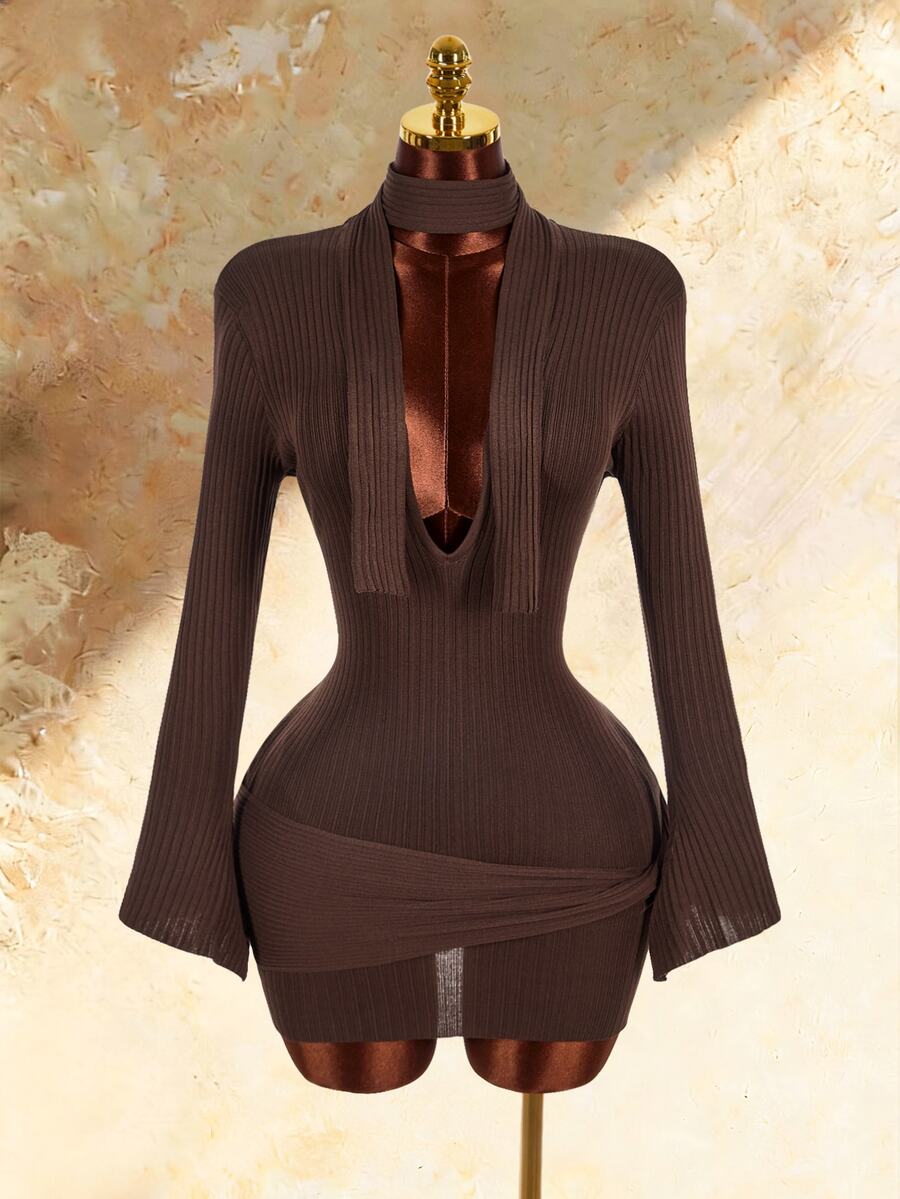 Amplova Deep V-Neck Backless Long Flare Sleeve Bodycon Ruched Tie-Up Bow Knot Sweater Dress With Free Scarf For Women - Brown - View 1