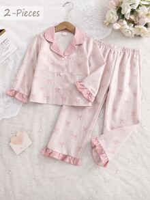 SHEIN 2pcs/Set Young Girls Pajamas, Lapel Cardigan Design, Bow Full Print, Long Sleeve, Long Pants, Woven Casual Loungewear Set - Baby Pink - View 4