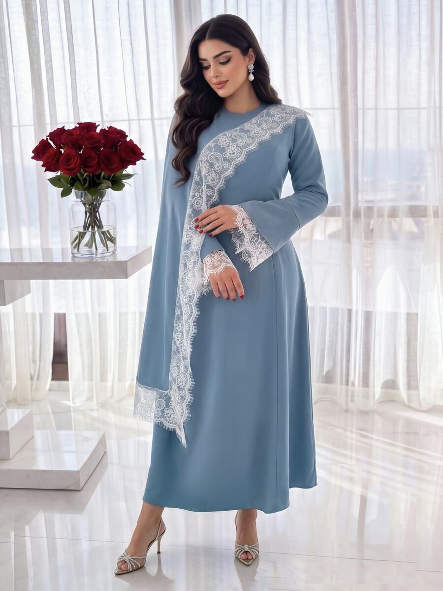 Feyla New Design Elegant Romantic Lace Patchwork Shawl Lace Elegant Waist-Cinching Slimming A-Line Banquet Dress - Blue - View 1