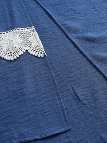 Linhara CURVE Fashion Casual French Vintage Elegant Commuter Blue Frog Button Lace Patchwork Dress - Blue - View 9