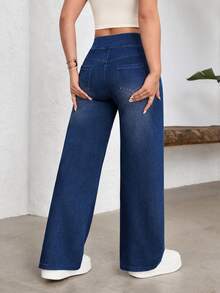 Flexra Women's Plus Size Stretch Straight Leg Elastic Waist Denim Jeans - Blue - View 2