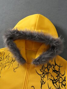 ROMWE MEN Goth 男士深色哥德風刺青圖案字母印花街頭風寬鬆毛領連帽衛衣 - 黃色 - 查看 3