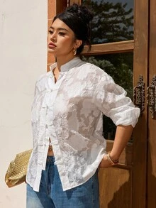 EastFlair Plus Size Women's Elegant Long Sleeve Blouse With Floral Embroidery And Frog Button Placket - White - View 4
