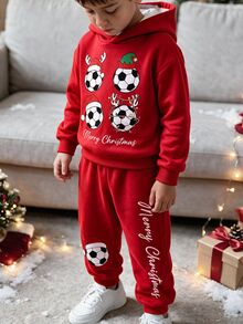 SHEIN Tween Boy Casual Minimalist Long Sleeve Hooded Comfortable Sweatshirt 2 Pieces Set, Suitable For Autumn/Winter, Classic Cool Christmas Football Graphic Print, Perfect For Christmas - Multicolor - View 4