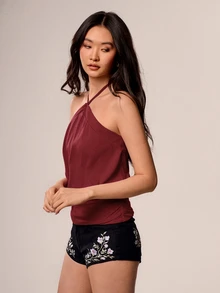 Willow Rêve 女款紫色針織細肩帶上衣，休閒度假風 - 酒紅色 - 查看 6