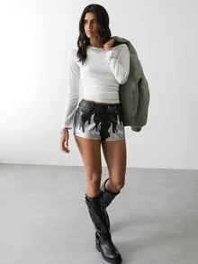 BAD SUNDAY Women's Low-Rise PU Leather Hot Pants, Flame Patchwork Mini Shorts, Faux Leather Short - Black - View 3