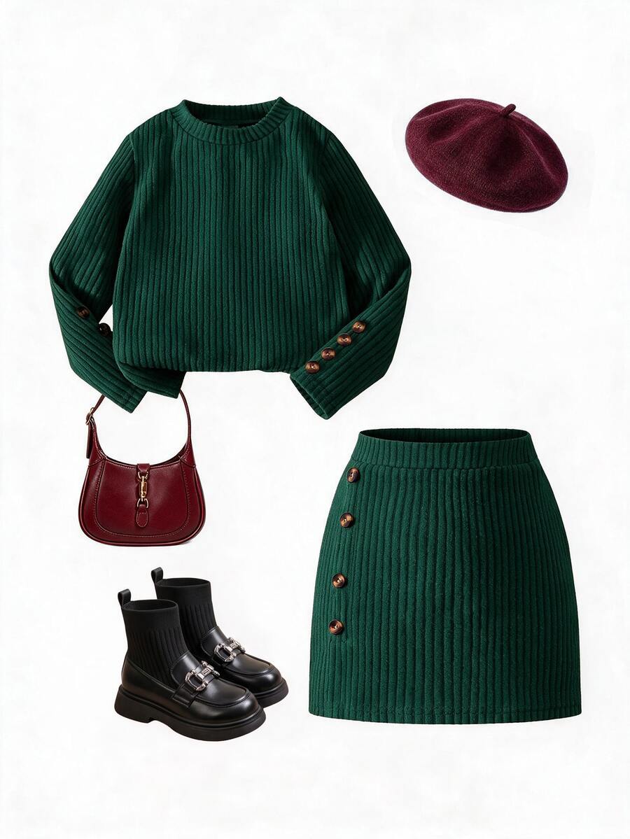 SHEIN 2pcs/Set Young Girls Pink Textured Long Sleeve T-Shirt And Textured Button Skirt Autumn Fall - Dark Green - View 1
