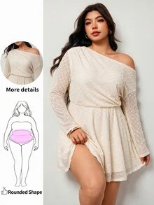 Enliva Đầm nữ size lớn thanh lịch dệt kim jacquard trễ vai cổ táo, dáng tròn - Màu be - Xem 3