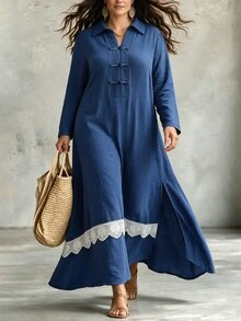 Linhara CURVE Fashion Casual French Vintage Elegant Commuter Blue Frog Button Lace Patchwork Dress - Blue - View 4