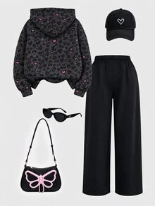 Young Girl Leopard Heart Graphic Hoodie & Wide Leg Pants Set, Brown Cozy Fleece (1 Set) Fall Winter - Multicolor - View 2