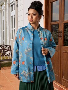 EastFlair Plus Size Women's Chinese Dragon Pattern Frog Button Front Elegant National Style Jacket - Multicolor - View 2