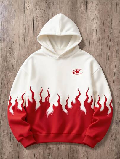 Daypath Sudadera con capucha para hombre con estampado de llamas en contraste rojo & blanco, ¡enciende la calle! Sudadera con capucha con estampado de llamas en contraste rojo & blanco, desata tu personalidad audaz, úsala con confianza