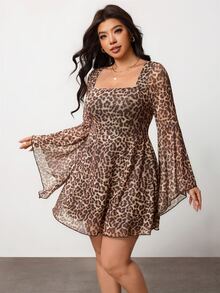 Enliva Plus-Size Women's Retro Sexy Square Neck Flared Long Sleeve Leopard Print Dress Apple,Rounded Body - Multicolor - View 4