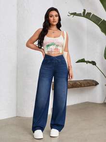Flexra Women's Plus Size Stretch Straight Leg Elastic Waist Denim Jeans - Blue - View 6
