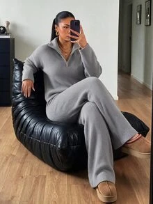 POPSWAY مجموعة كنزة مقاس كبير، ملابس علوية محبوكة جديدة للخريف/الشتاء بأكمام طويلة - رمادي - مشاهدة 7