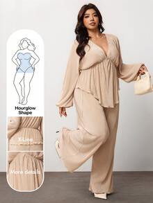 Enliva Plus Size Apricot Pleated V Neck Peplum Top And Wide Leg Pants Set For Hourglass Body - Apricot - View 1