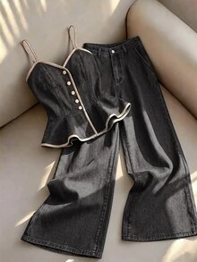 GlowEve Women's Colorblock Camisole Top And Long Pants Casual Daily Denim Set - Grey - View 1