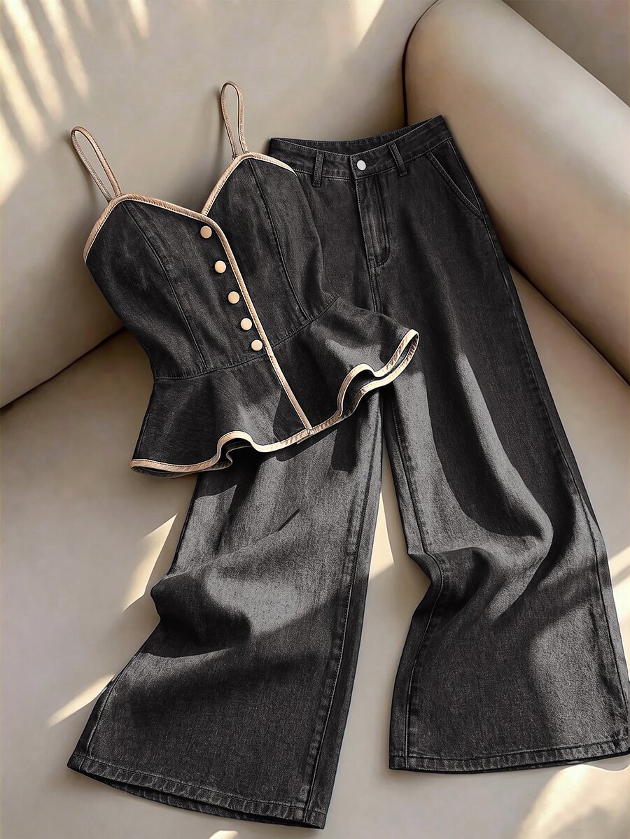 GlowEve Women's Colorblock Camisole Top And Long Pants Casual Daily Denim Set - Grey - View 1