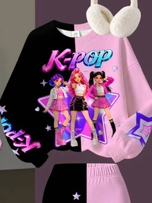 SHEIN 兒童小女孩字母卡通 K-Pop 印花長袖秋季運動衫與運動長褲休閒日常套裝 - 彩色 - 查看 4