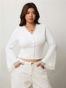 Enliva Plus-Size Women's Sexy V-Neck Lace White Knit Top, Suitable For Commuting - White - View 5