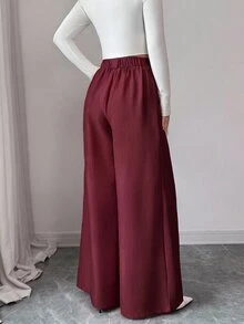 Elenzga 女款休閒日常通勤極簡純色百褶寬鬆闊腿褲，不含腰帶 - 酒紅色 - 查看 2