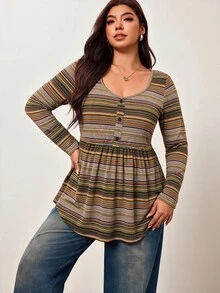 Enliva Plus Size Striped Knit Square Neck Button Detail Peplum Top Compatible With Apple Body Round Body - Multicolor - View 3
