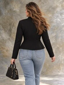 Ceyna Plus Size Solid Color Elegant Minimalist Decorative Button Short Double-Breasted Napoleon Style Cardigan Jacket - Black - View 2