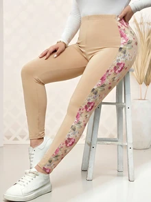 Rosumi سروال ضيق مطبوع بتصميم رقعات للنساء بمقاس كبير، سروال ضيق، ربيع - كاكي - مشاهدة 5