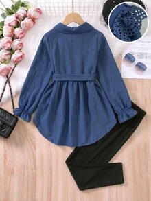 Tween Girl Fall Winter Ruffle Trim Long Sleeve Button Up Blouse Top And Pants 2pcs Set - Red - View 2
