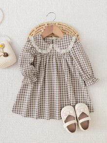 SHEIN 女童格紋長袖洋裝 秋季蕾絲飾邊大領娃娃裙 韓系寬鬆A字公主洋裝 - 彩色 - 查看 2