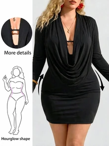 Enliva Plus Size Cowl Neck Long Sleeve Bodycon Mini Dress For Hourglass - Black - View 1