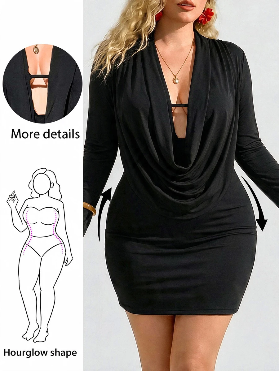 Enliva Plus Size Cowl Neck Long Sleeve Bodycon Mini Dress For Hourglass - Black - View 1