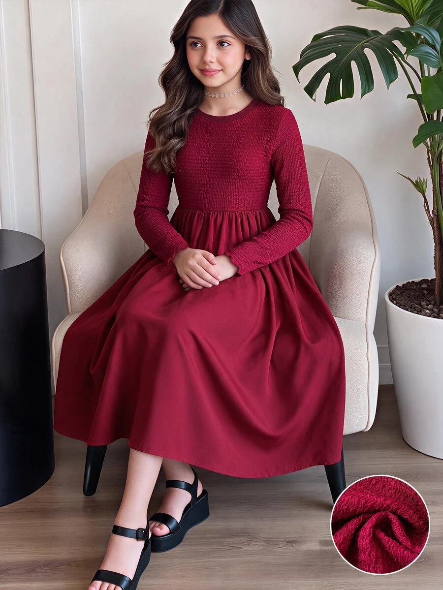 SHEIN 青少年女孩四季通用酒紅色紋理長袖高腰飄逸長洋裝休閒生日派對優雅穿搭 - 酒紅色 - 查看 1