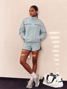 Zivah Women's Colorblock Long Sleeve Top And Shorts Casual Daily Sportswear Set - Blue - View 4