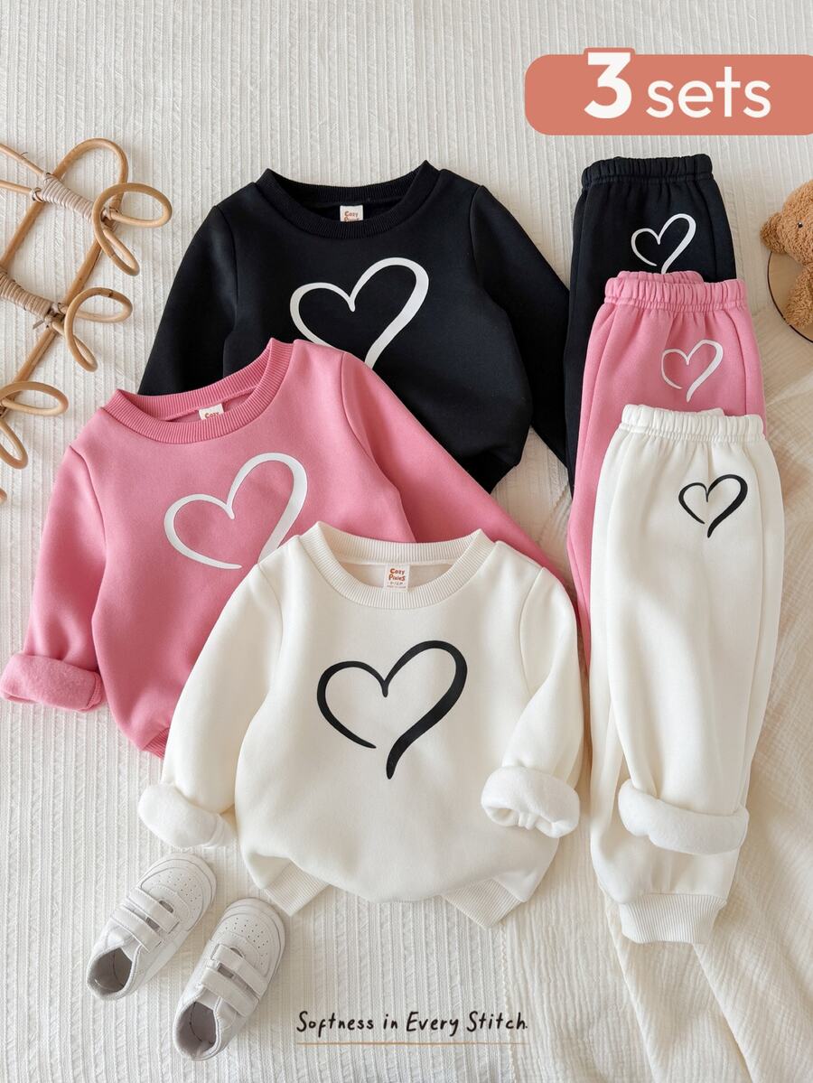 Cozy Pixies 6件組女嬰休閒日常舒適圓領套頭長袖針織衛衣與長秋褲套裝,3款各1件 - 粉色 - 查看 1