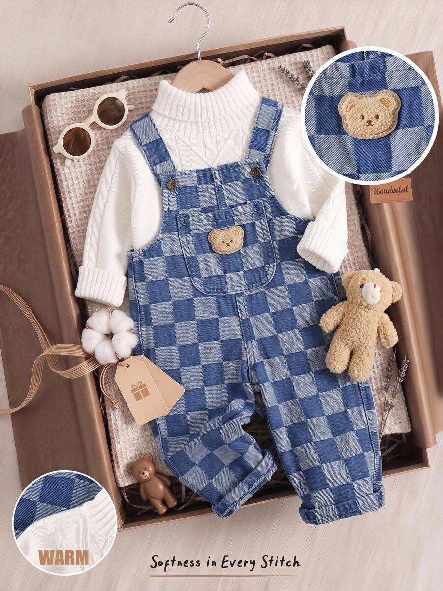 Cozy Pixies أوفرول جينز للأطفال الصبيان بتصميم كاجوال متعدد الاستخدامات مع رقعة دب لطيفة ونقشة مربعات شطرنج - الأزرق - مشاهدة 1