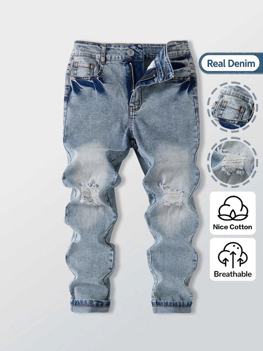 SHEIN Boys' Fashion Streetwear Cool Personalized Distressed Ripped Light Blue Washed Long Pants Suitable For Campus Daily Wear - Light Wash - View 1