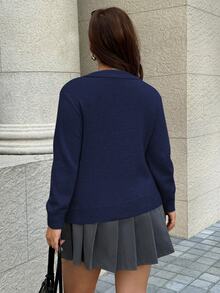 Linhara CURVE 大尺碼 Polo 領撞色菱格紋休閒通勤長袖針織毛衣 冬季 - 藍色 - 查看 2