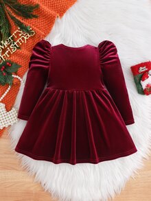 SHEIN Baby Girl Knitted Solid Color Velvet Round Neck Gigot Sleeve Casual Dress - Burgundy - View 2