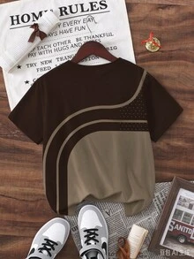 (1件)青少年男孩秋季休閒時尚黑色咖啡弧形陰影小馬波點圖案基礎短袖T恤，舒適日常穿著 - 彩色 - 查看 2