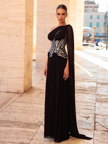 Glamrae Elegant Black Sequin Embroidered Mesh Patchwork Asymmetrical Shoulder 2 In 1 A-Line Evening Gown - Black - View 5