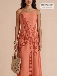 CAJUNI Chic Tropical Vacation Salmon Banana Tree Embroidery Long Dress - Coral Orange - View 8