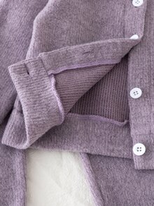 SHEIN Girls Purple Lace Trim Oversized Collar Cardigan Set, Young Girl Autumn/Winter Ribbed Long Sleeve Top + Pants 2 Pieces Set, Sweet Princess Style, Soft And Comfortable - Purple - View 8