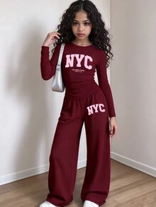 SHEIN Tween Girls 2 Pcs Letter Print Long Sleeve Tops & Wide Leg Pants, Navy Pink Fall Winter Outfit - Burgundy - View 3