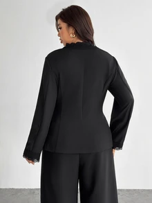 Firerie Plus Size Lace Patchwork Button Long Sleeve Blazer - Black - View 2