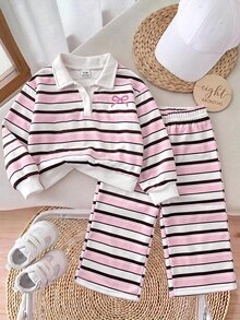 SHEIN 女嬰條紋 Polo 領長袖運動衫與長褲休閒套裝 - 彩色 - 查看 1