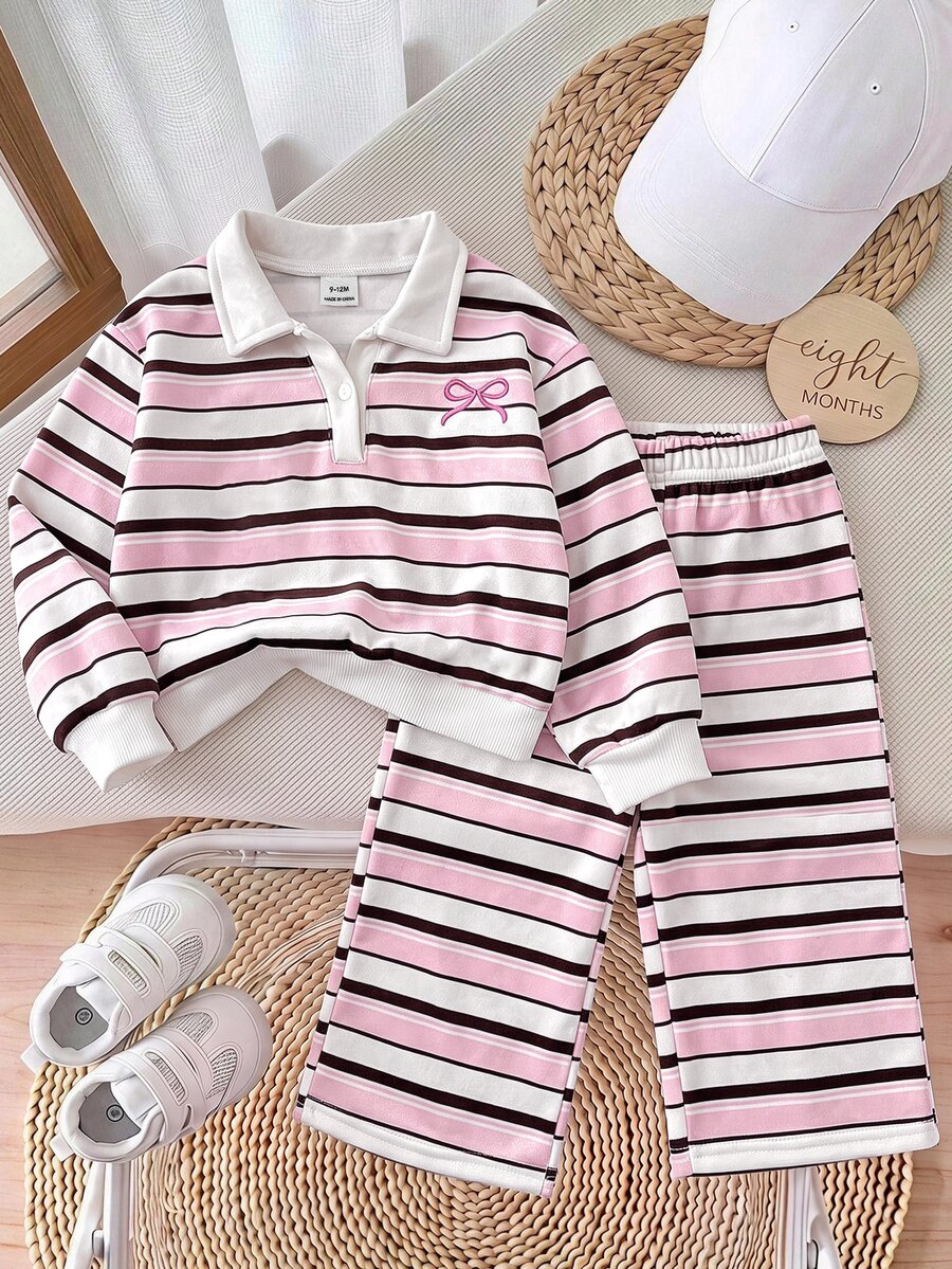 SHEIN 女嬰條紋 Polo 領長袖運動衫與長褲休閒套裝 - 彩色 - 查看 1